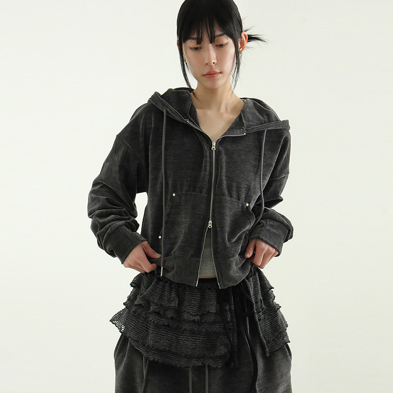 韩国代购25F/W velvet 2way cropped hood zip-up 丝绒拉链帽衫