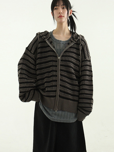 zip warmer 条纹针织帽衫 unisex hood mesh stripe hand 韩代