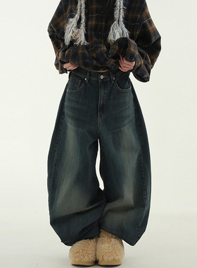 韩国代购24F/W back strap dark blue wide jean 后部系扣牛仔裤