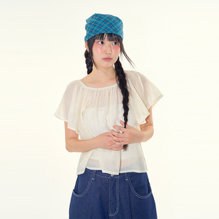 韩代Raucohouse Less shirring blouse 褶皱透视衬衫短袖百搭休闲