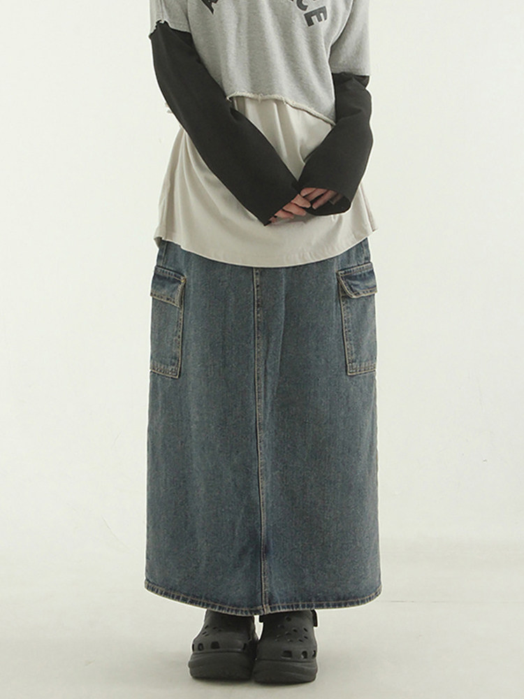 韩国代购23F/W cargo denim long skirt 牛仔工装长裙休闲口袋女图片