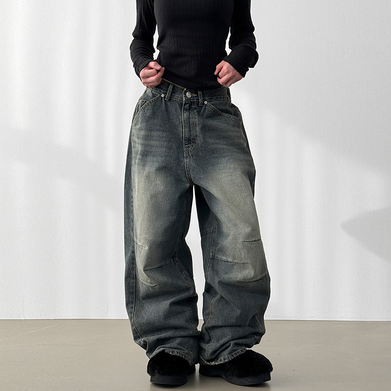 韩国代购26 curved denim banding pants (unisex)水洗磨白牛仔裤