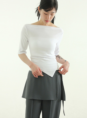 韩国代购24S/S boat neck slim unbal tee 设计师款不对称短袖T恤