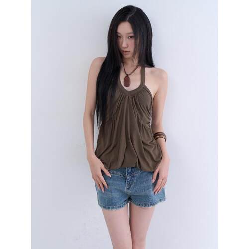 lowear韩代褶皱挂脖背心