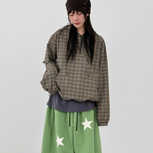 韩国代购26A/W zip-up neck check cotton anorak 设计师格子帽衫