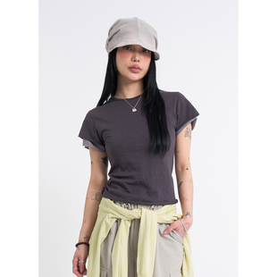 Raucohouse韩代 Slub layered crop top 修身短袖短款T恤百搭女