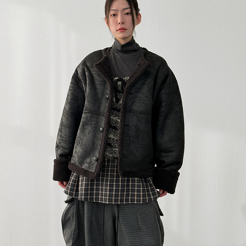 韩国代购26A/W vintage cracked round mustang (unisex)皮毛夹克