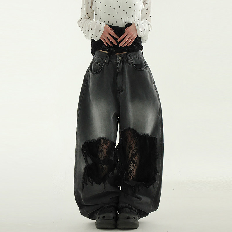 国内现货25 floral lace damage black jean 蕾丝花朵破洞牛仔裤