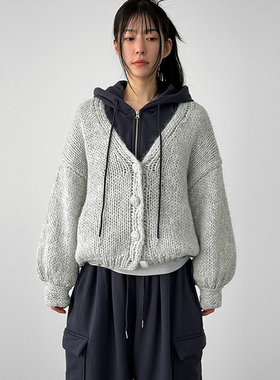 韩国代购26A/W puff sleeved knit cardigan设计师款长袖针织开衫