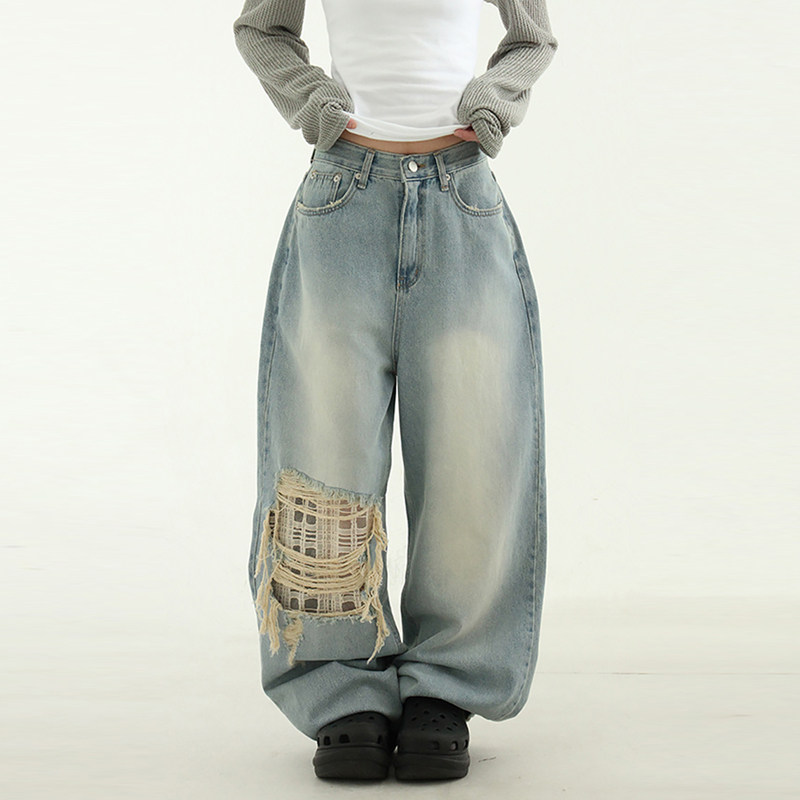 国内现货 light blue lace damage wide jean破洞拉丝磨白牛仔裤