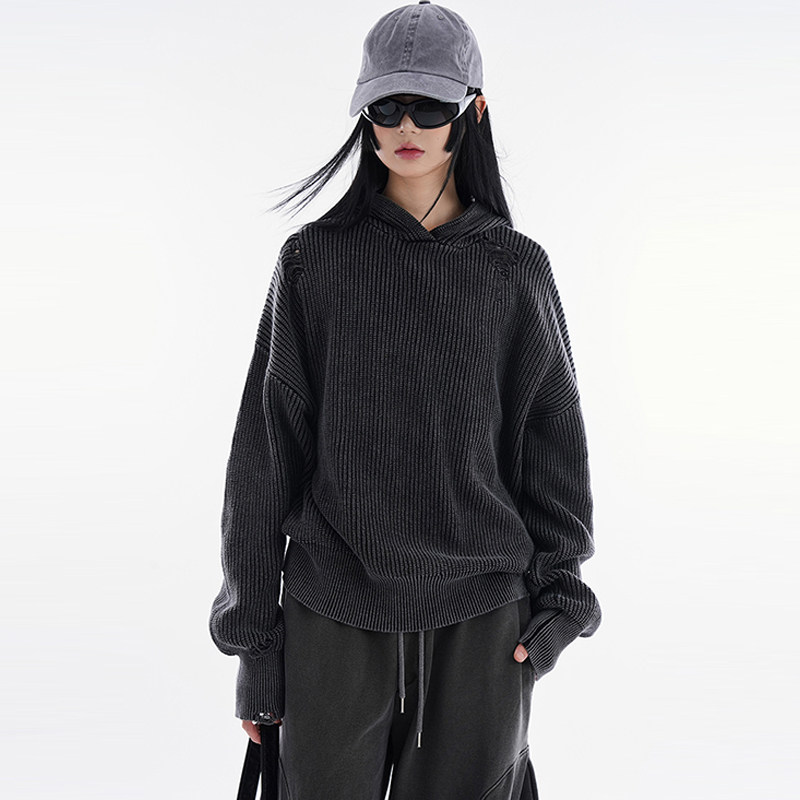 韩代Raucohouse Margaret grunge dyeing knit hoodie 破洞针织衫