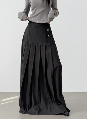 韩国代购25F/W two buckle pleated banding long skirt 半身长裙