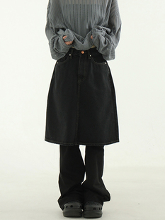 韩国代购24S/S black midi denim skirt 设计师款复古牛仔中裙女