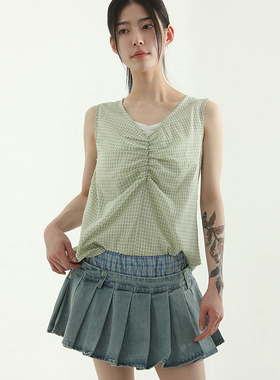 韩国代购25S/S back slit check sleeveless blouse 格子背心上衣