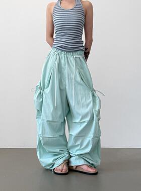 韩国代购26S/S paper pocket wide banding pants 抽绳工装长裤