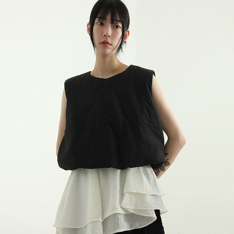 韩国代购24F/W padding vest 设计师款复古短款夹棉背心上衣百搭