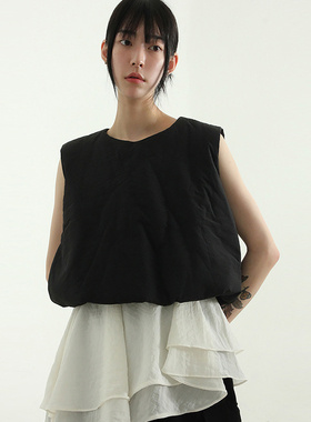 韩国代购24F/W padding vest 设计师款复古短款夹棉背心上衣百搭