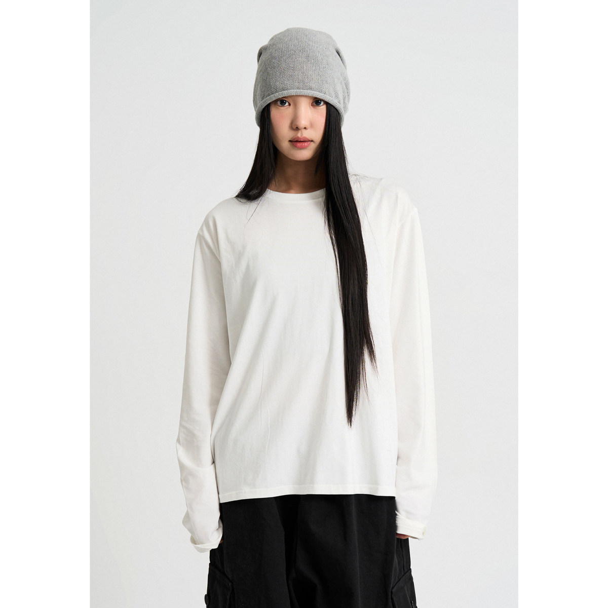韩代Raucohouse Moore Crop Long Sleeve Tee 纯色宽松长袖T恤女