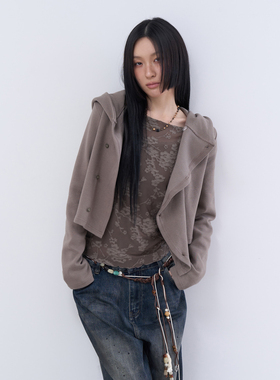 lowear韩代 hood ruffle cardigan 设计师长袖褶皱连帽开衫外套