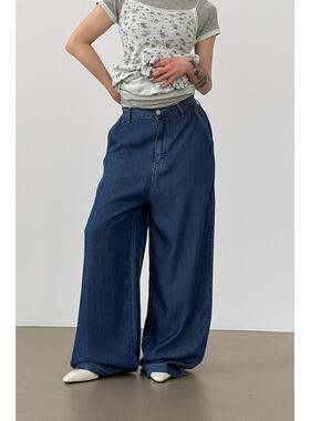 韩国代购26S/S summer silky denim wide banding pants 牛仔裤