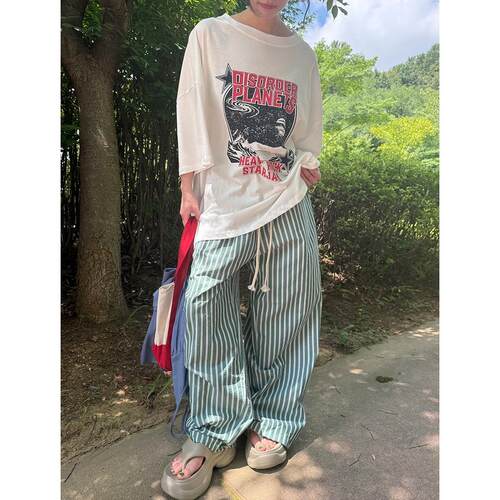 Localmansion韩代竖纹抽绳长裤