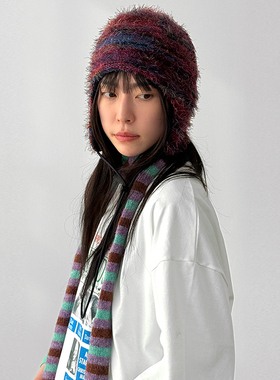 韩国代购26A/W fluffy mixed stripe ear flap混色毛绒护耳帽百搭