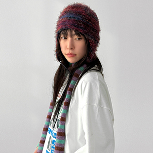 韩国代购26A/W fluffy mixed stripe ear flap混色毛绒护耳帽百搭