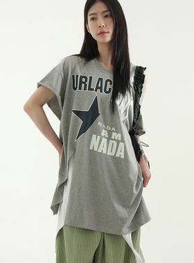 韩国代购25S/S unbal slit printed cotton half tee 字母短袖T恤