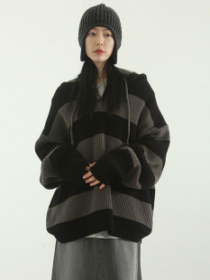 stripe knit hoody 韩国代购 连帽针织衫 warmer unisex 女 hand