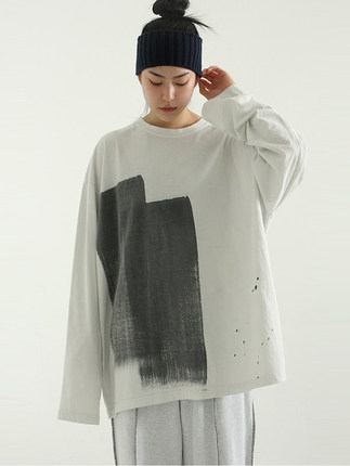 韩国代购 HAND PAINTING LONG SLEEVES 手工刷漆长袖T恤男女同款