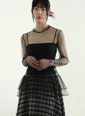 韩国代购24 see-through frill tee设计师款复古透明长袖T恤百搭