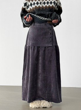 韩国代购25 corduroy button flare banding long skirt 半身裙