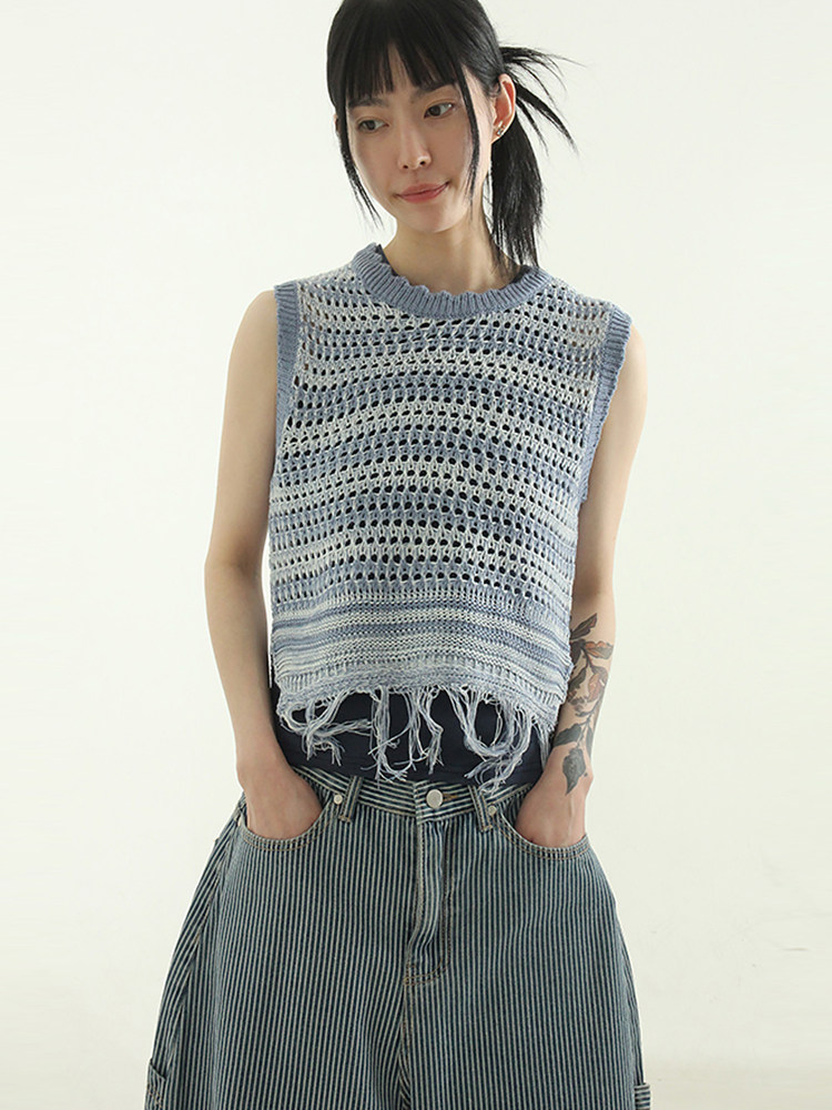 韩国代购24S/S fringe mixed sleeveless knit top 网眼针织背心