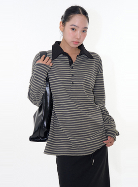 韩代Raucohouse Nape All-Day Collar Long Sleeve 条纹长袖T恤