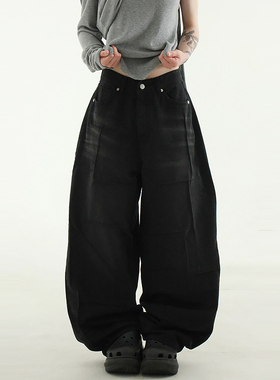 韩国代购24A/W pin tuck black boy jean 设计师黑色宽松牛仔裤