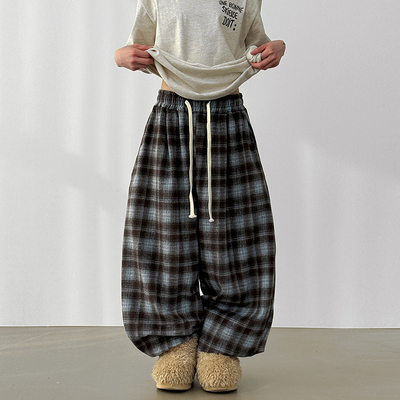 Localmansion韩代格子抽绳长裤