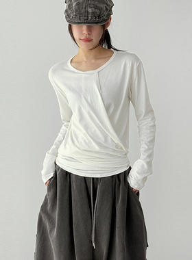 韩国代购25F/W modal unbal wrap tee 设计师个性长袖T恤百搭女