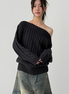 韩国代购25F/W off shoulder cable knit 设计师款长袖露肩毛衣