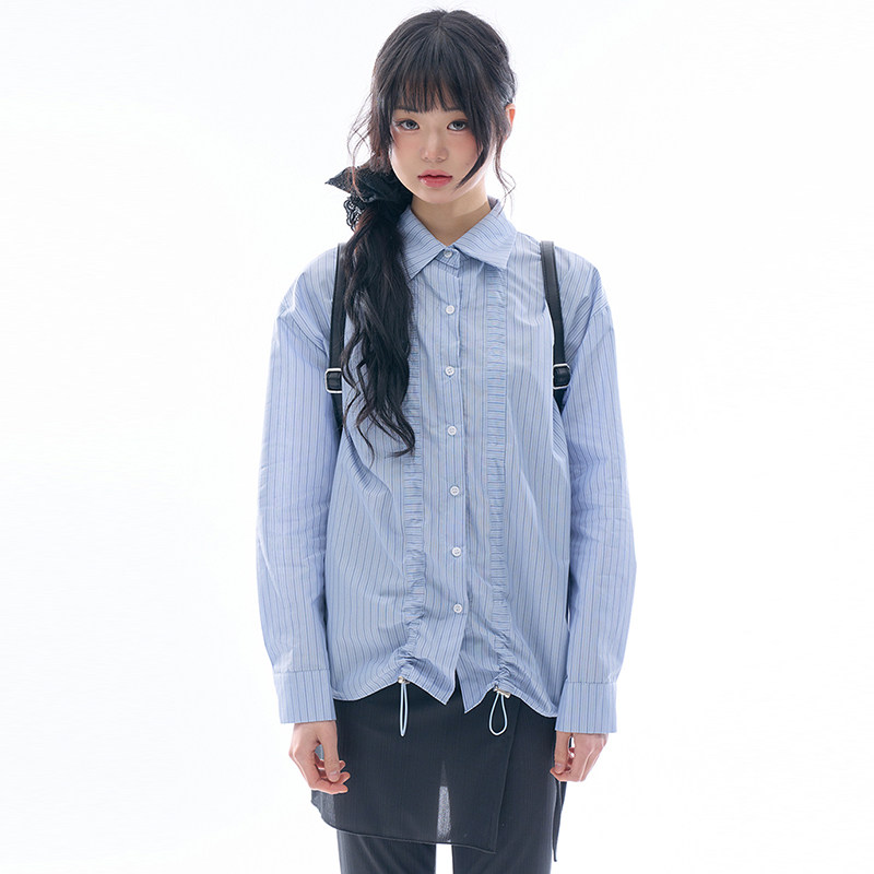 韩国代购Raucohouse Tunnel shirring striped shirt抽绳长袖衬衫