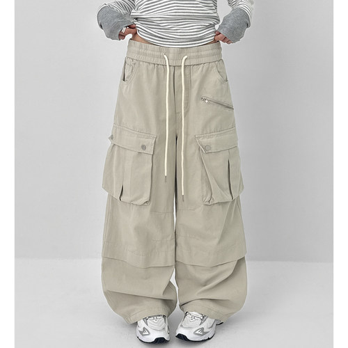 BLACKUP韩代抽绳宽松工装长裤