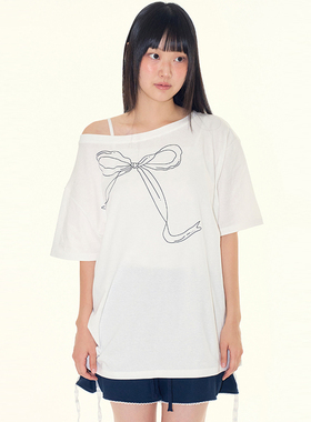 韩代Raucohouse Ribbon unbalanced t-shirt 蝴蝶结印花短袖T恤