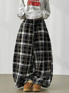 韩代25 check fleece wide jogger banding pants (unisex)格子裤