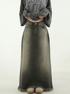 oblique brushed denim skirt水洗磨白牛仔裙 韩国代购 maxi 24S