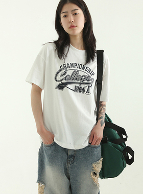 韩国代购23S/S College printed cotton half tee 字母短袖T恤女