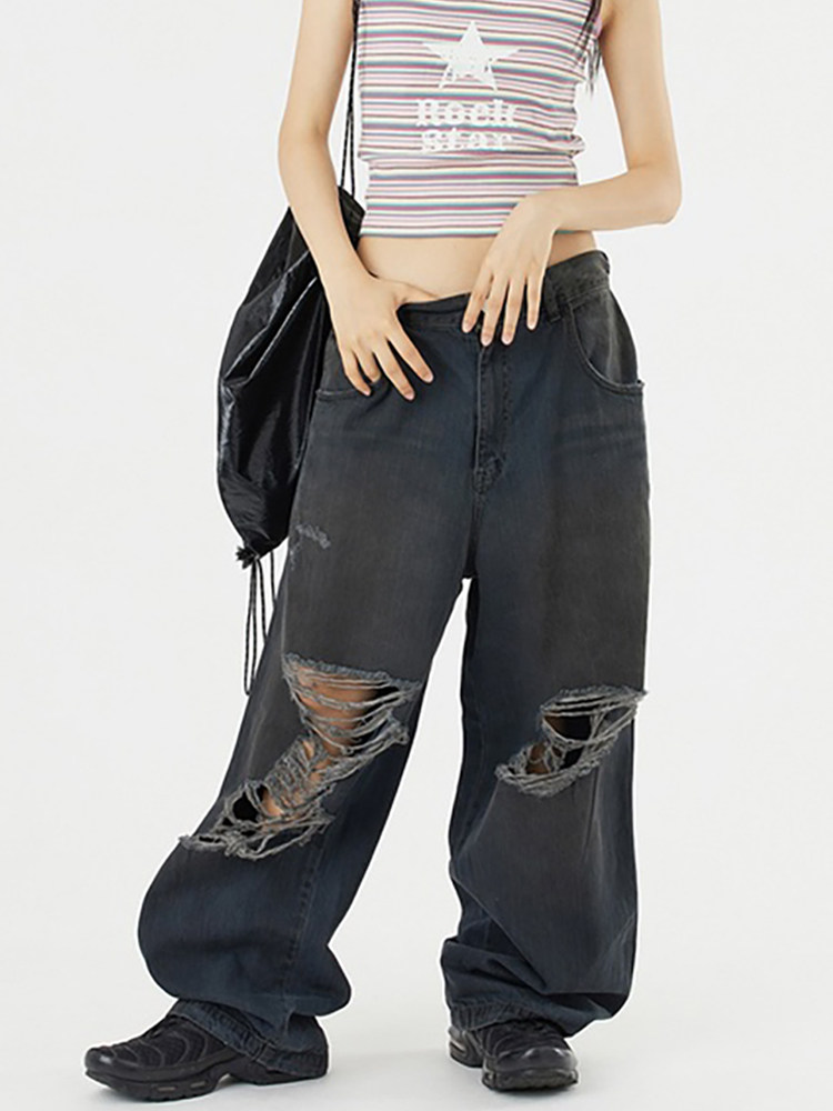 Raucohouse韩代破洞牛仔长裤