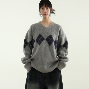 argyle pattern unisex 24F V领菱格毛衣 knit neck 韩国代购