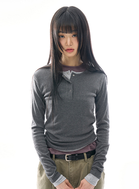 韩国代购Raucohouse Harlow layered tee 复古假两件长袖T恤百搭