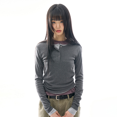 Raucohouse韩代假两件长袖T恤