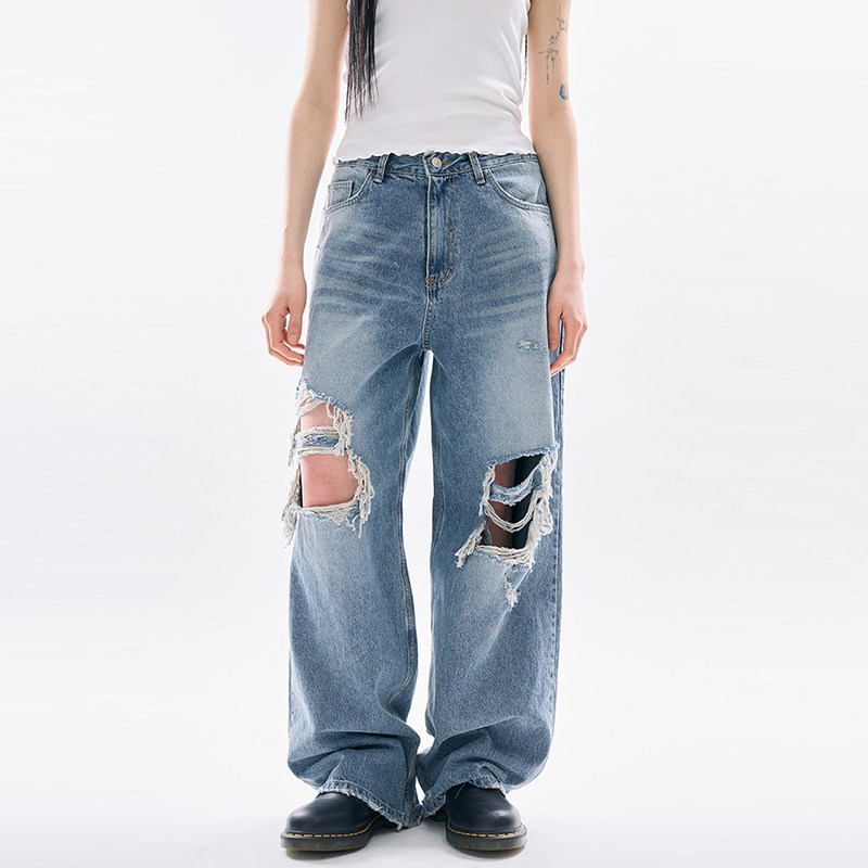 国内现货Raucohouse Brivan distressed wide denim 破洞牛仔裤