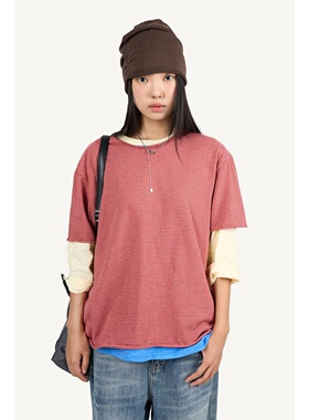 Raucohouse韩代 Striped cropped cutoff t-shirt 细条纹短袖T恤
